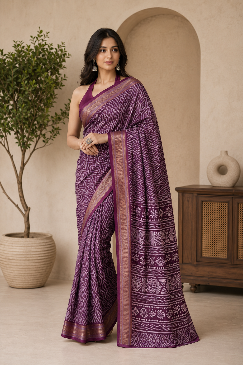 Mulmul Cotton (Purple) Bandhani Printed Ready To Wear Pocket Saree