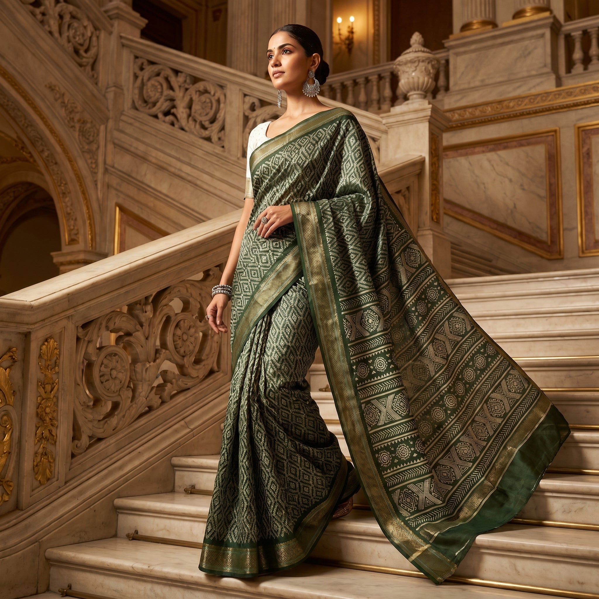 Mulmul Cotton (Green) Bandhani Printed Ready To Wear Pocket Saree