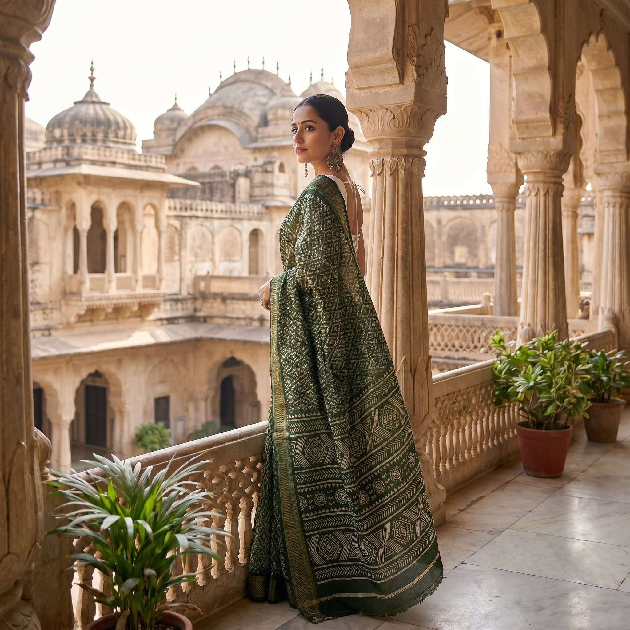 Mulmul Cotton (Green) Bandhani Printed Ready To Wear Pocket Saree