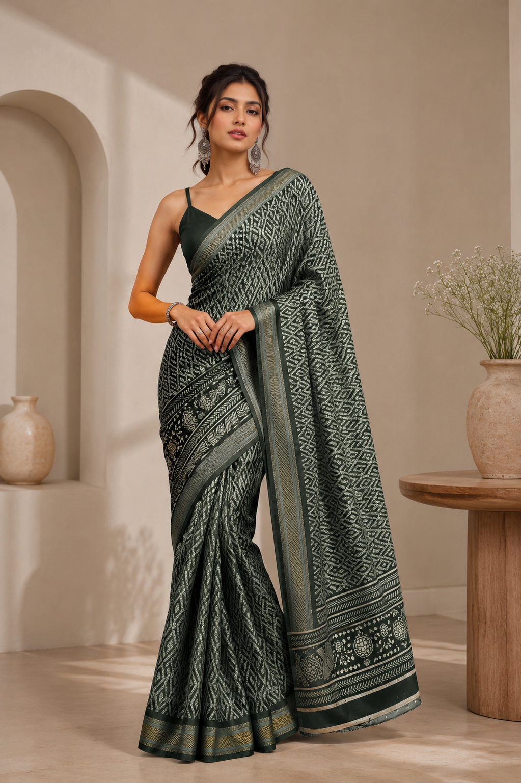 Mulmul Cotton (Green) Bandhani Printed Ready To Wear Pocket Saree