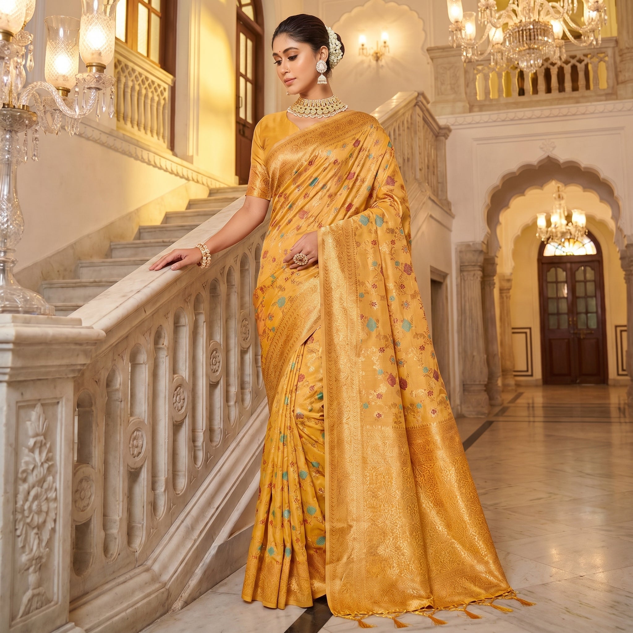 Eternal Flora Banarasi Silk (Yellow) Ready To Wear Pocket Saree