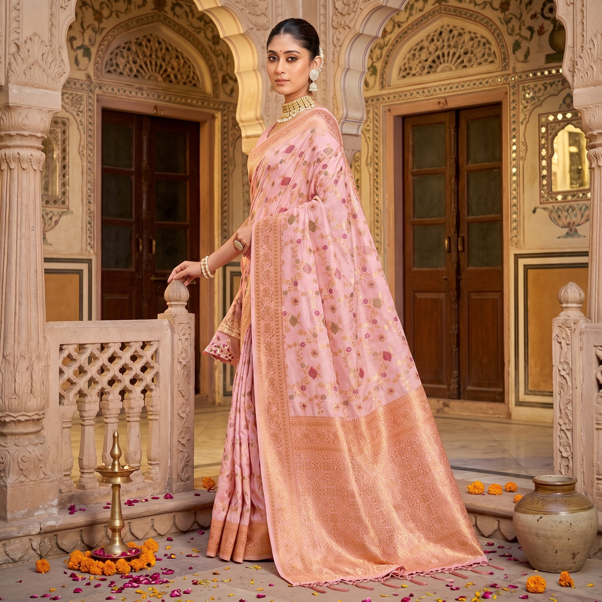 Eternal Flora Banarasi Silk (Pink) Ready To Wear Pocket Saree