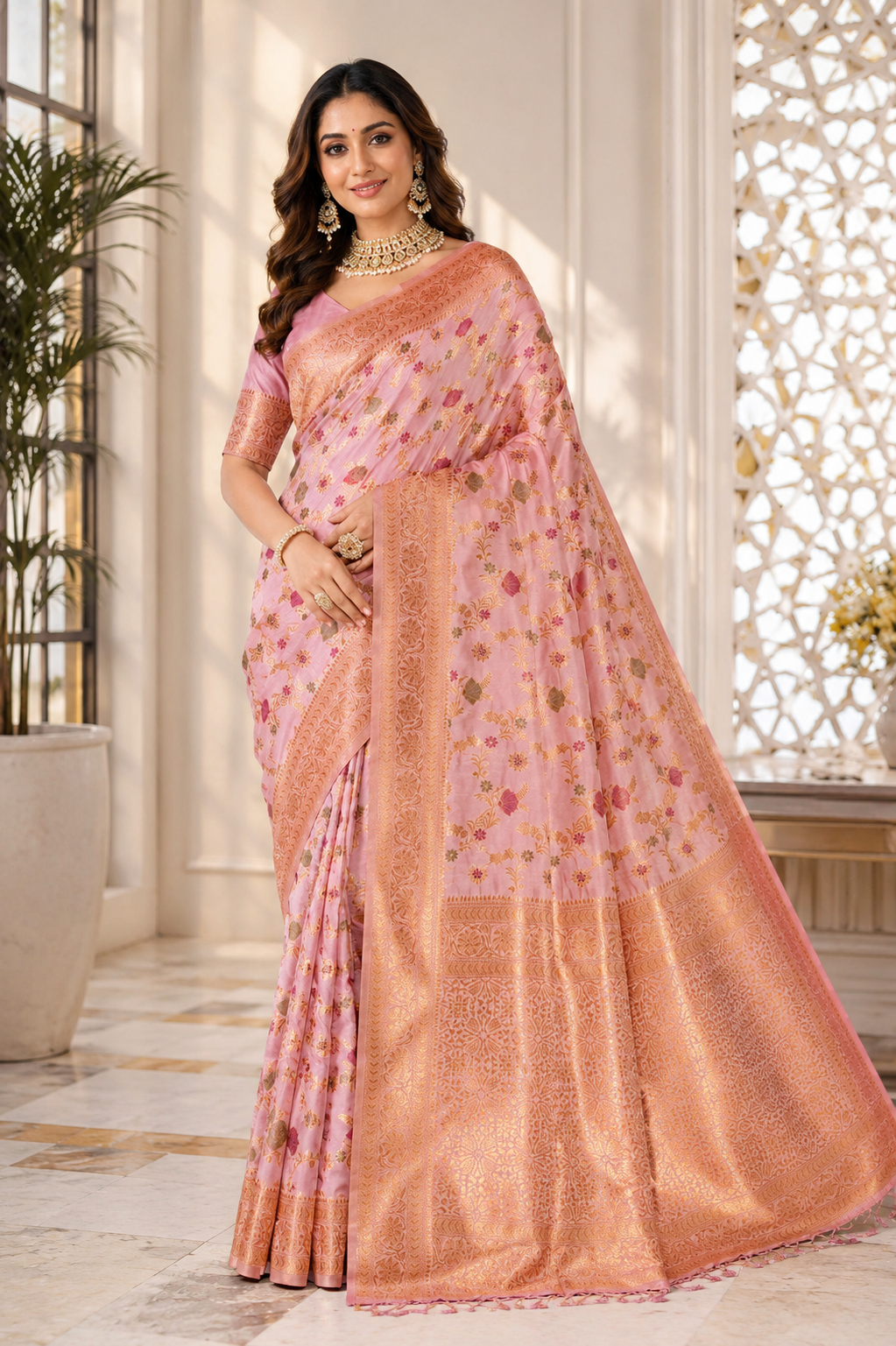 Eternal Flora Banarasi Silk (Pink) Ready To Wear Pocket Saree