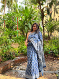 Indigo Pearl Mul Cotton Hand Block Printed Saree