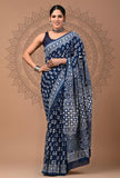 Indigo Pearl Mul Cotton Hand Block Printed Saree
