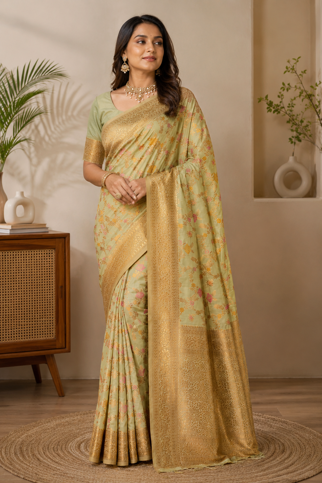 Eternal Flora Banarasi Silk (Pastel Green) Ready To Wear Pocket Saree
