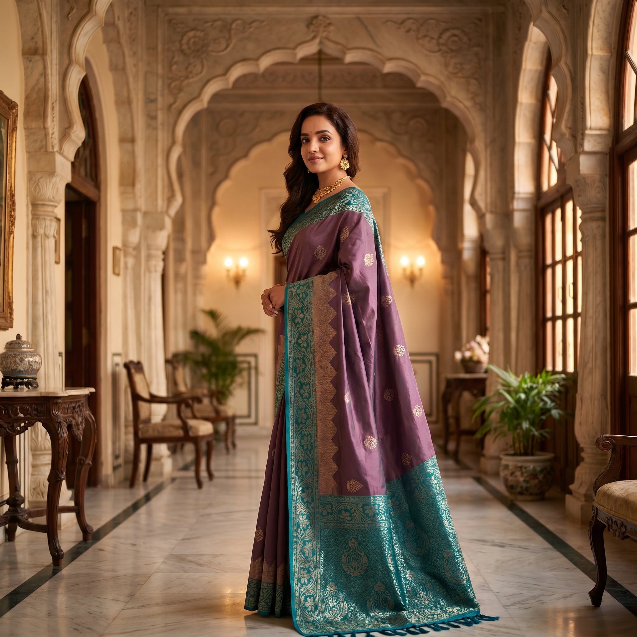 Dvitara Dual Tone Silk Ready To Wear Pocket Saree