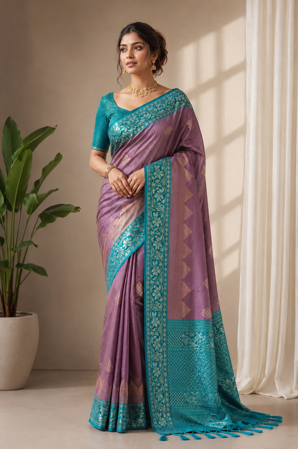 Dvitara Dual Tone Silk Ready To Wear Pocket Saree