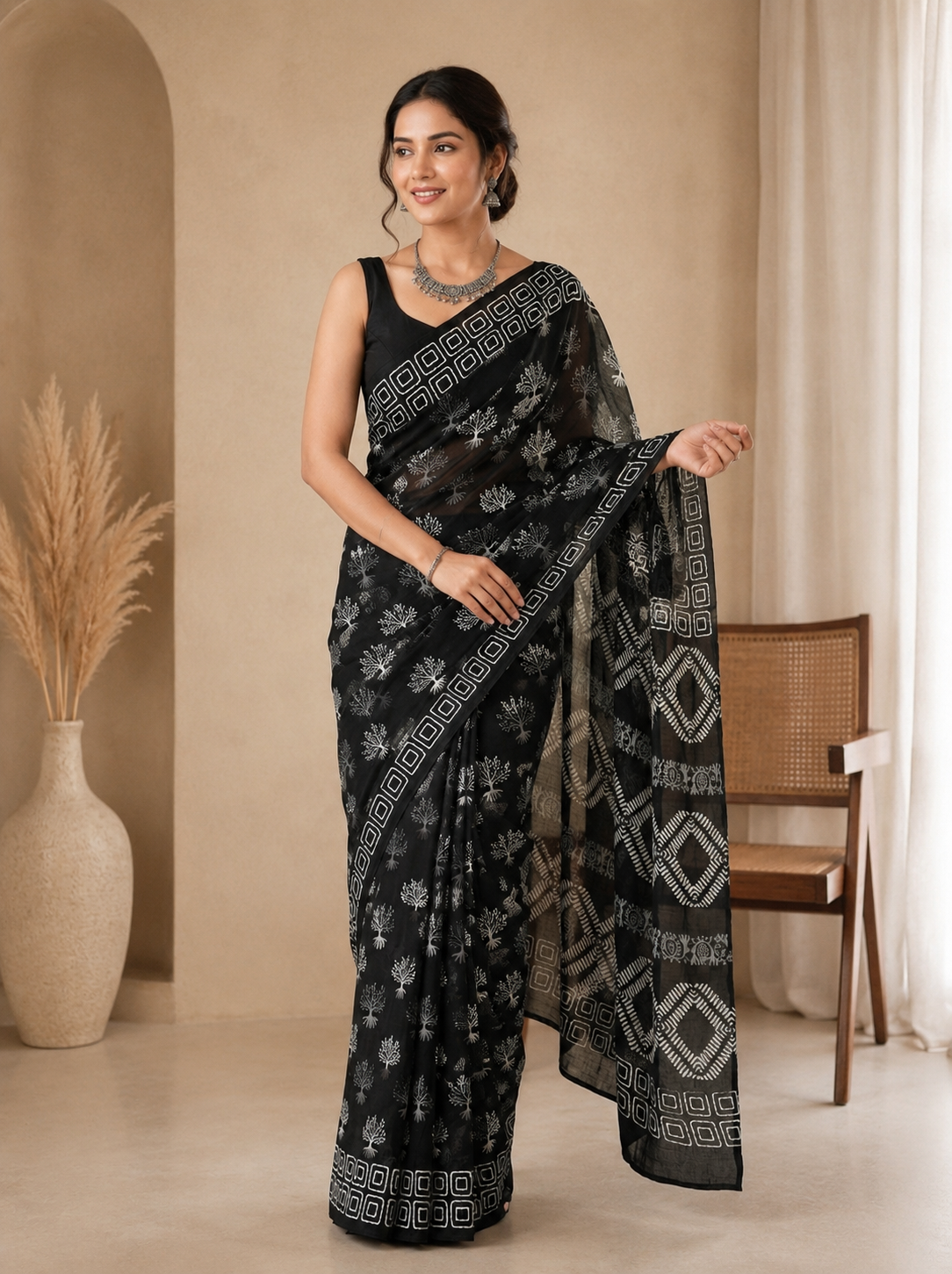 Deep Roots Mul Cotton Ready-To-Wear Pocket Saree