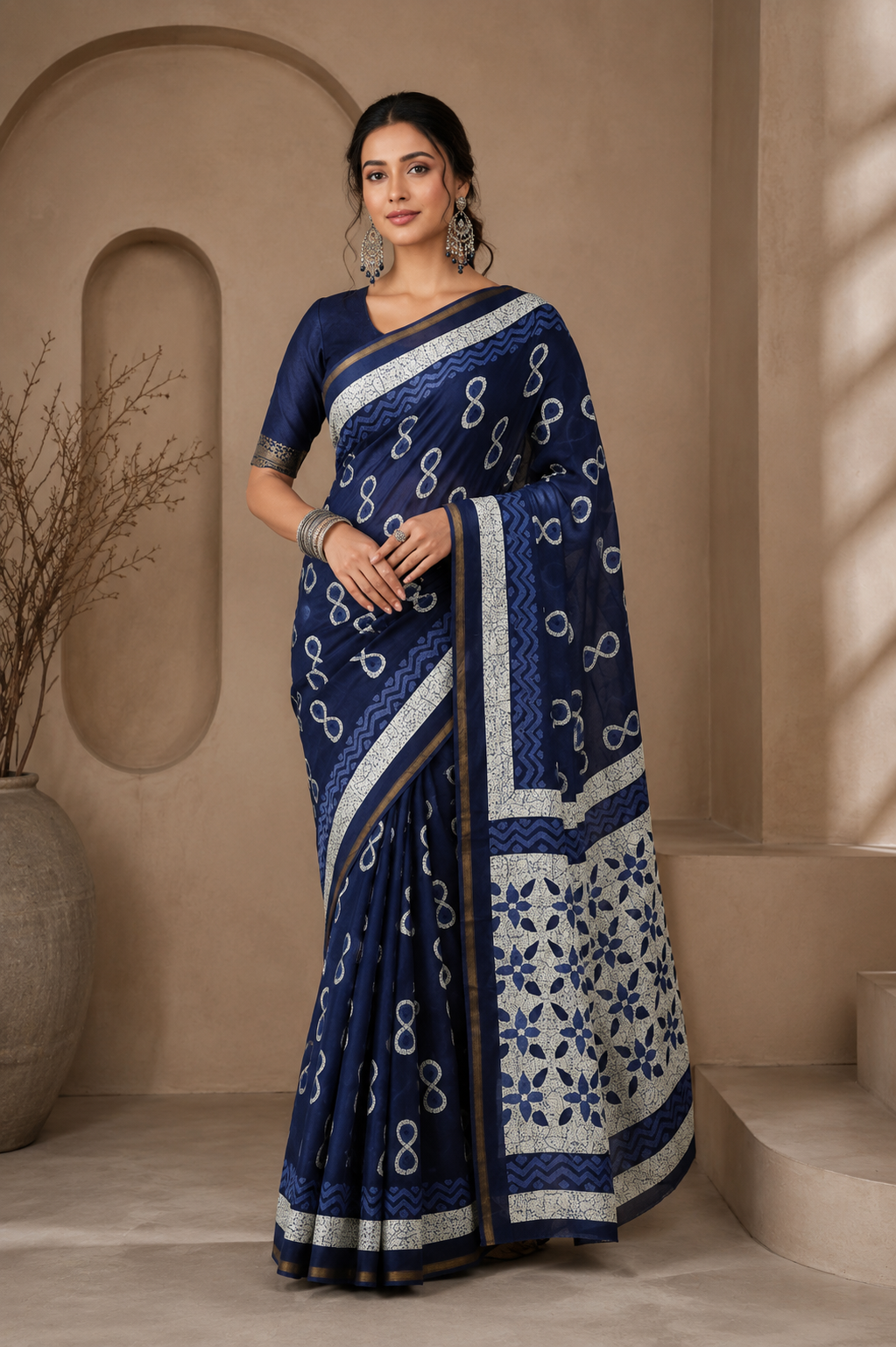 Indigo Blue Modal Mul Cotton Ready To Wear Pocket Saree