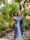 Indigo Pearl Mul Cotton Hand Block Printed Saree