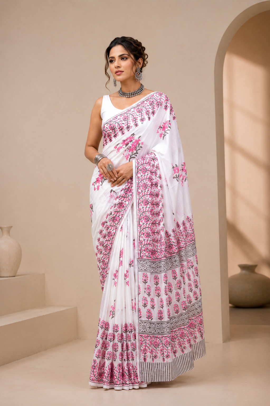 Blooming Blush Mul Cotton Hand Block Printed Ready-to-wear Pocket Saree