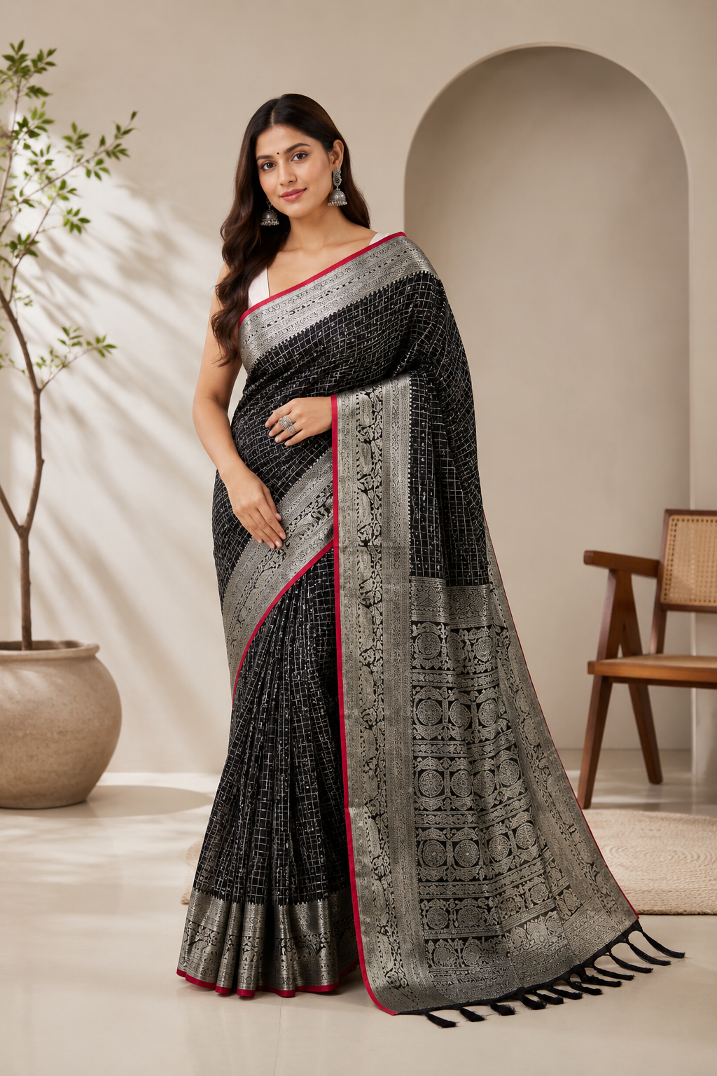 Black Empress Silk Ready To Wear Pocket Saree
