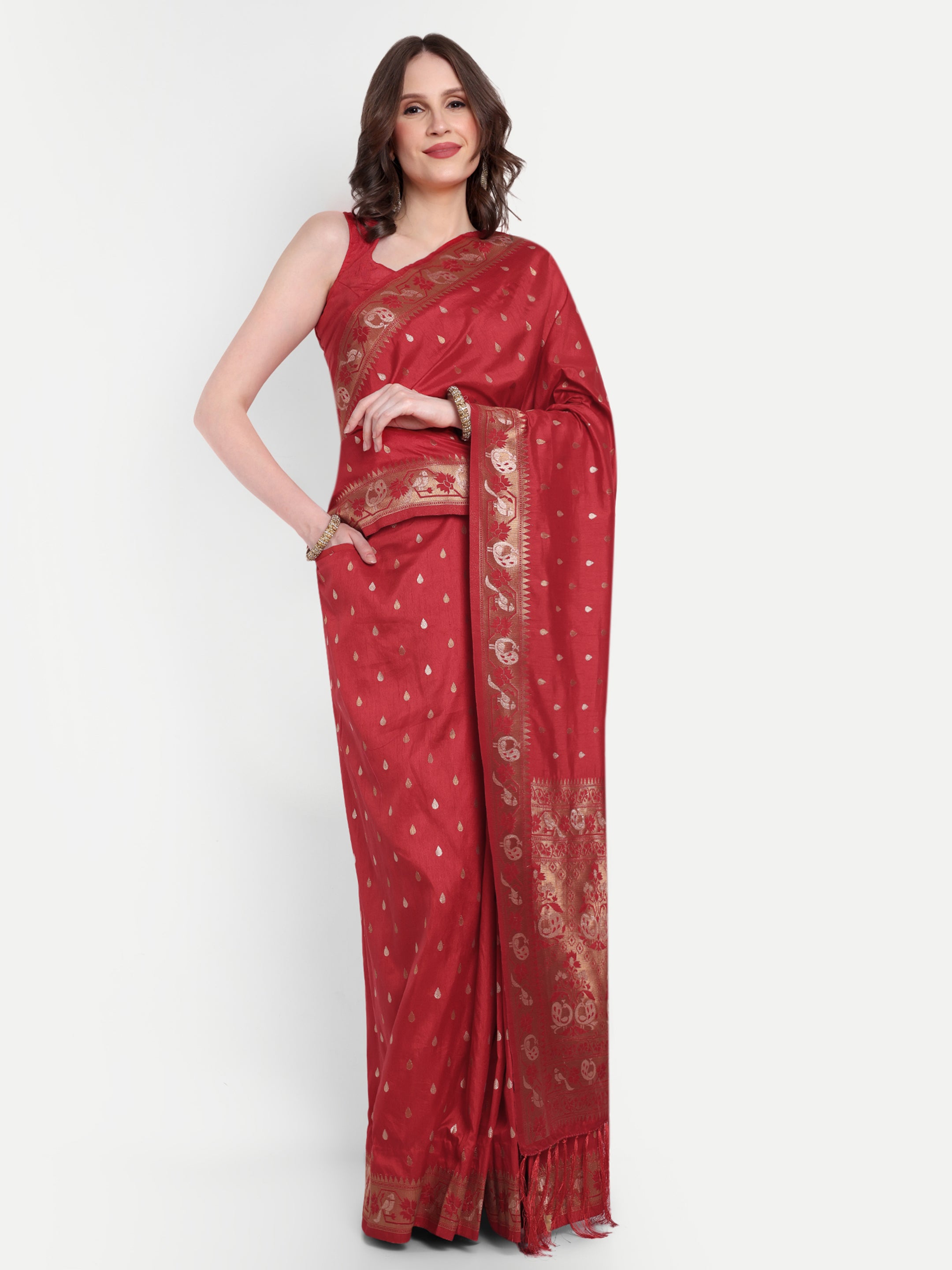 Red Royale Paithani Silk Ready To Wear Pocket Saree