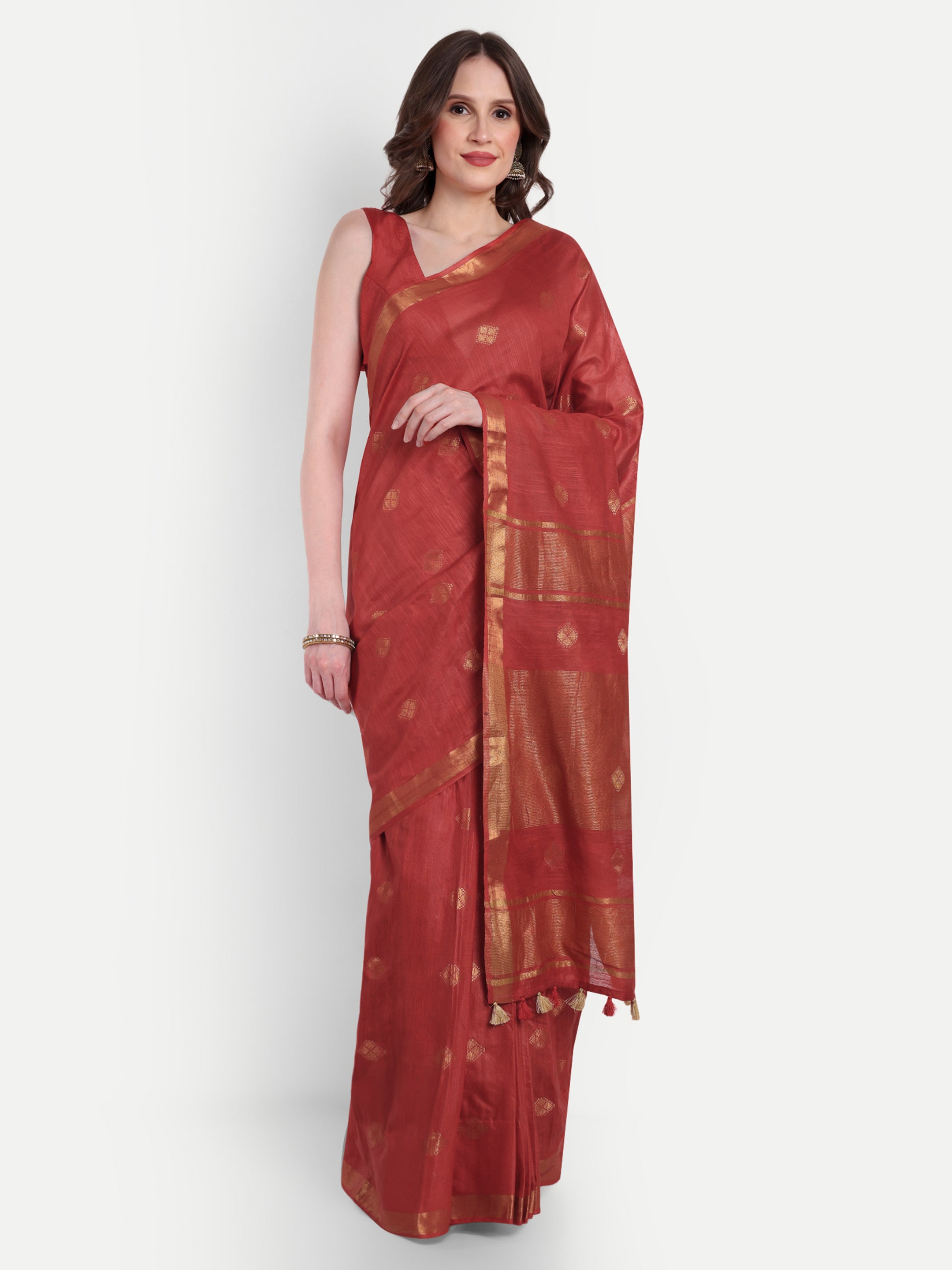 Regal Red Gold katan Silk Ready-to-Wear Pocket Saree