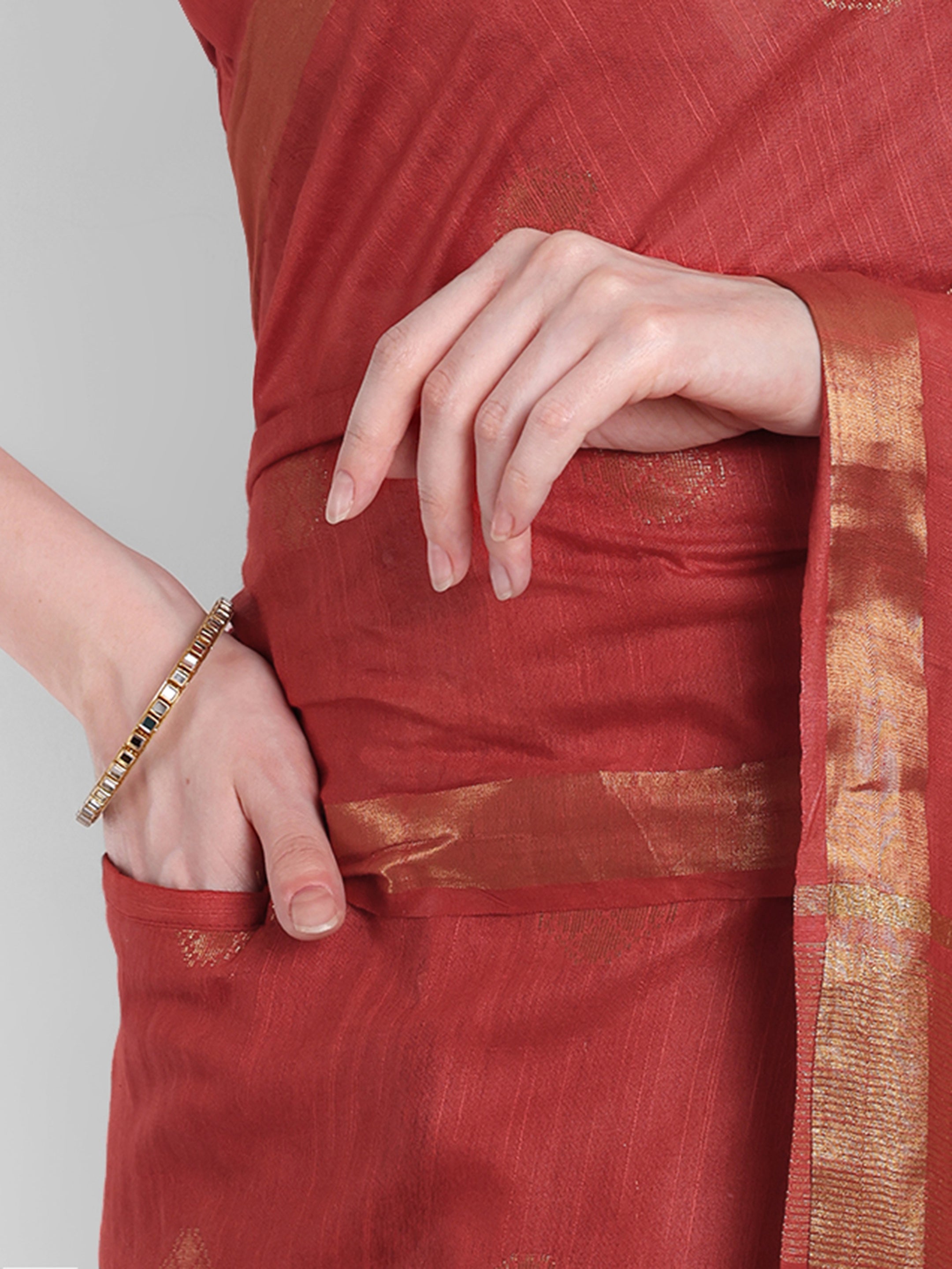 Regal Red Gold katan Silk Ready-to-Wear Pocket Saree
