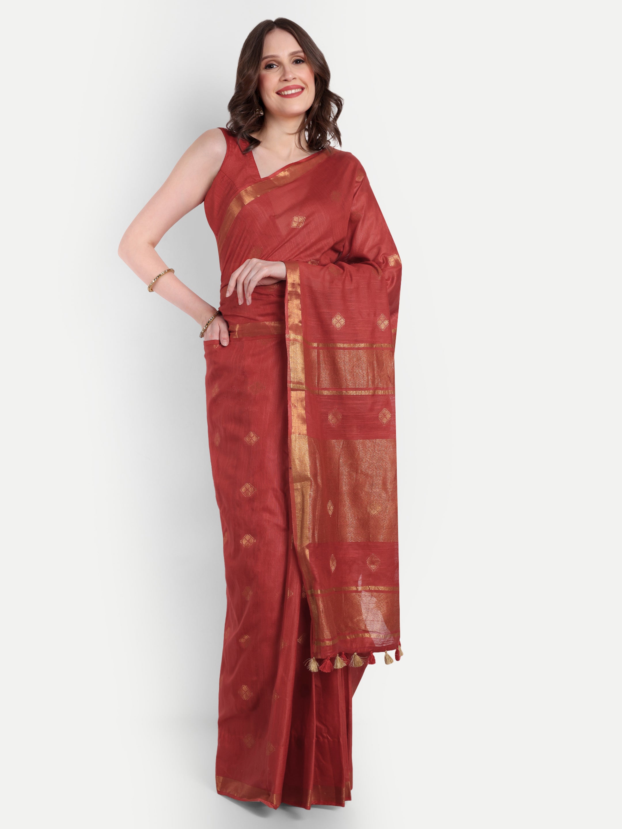 Regal Red Gold katan Silk Ready-to-Wear Pocket Saree