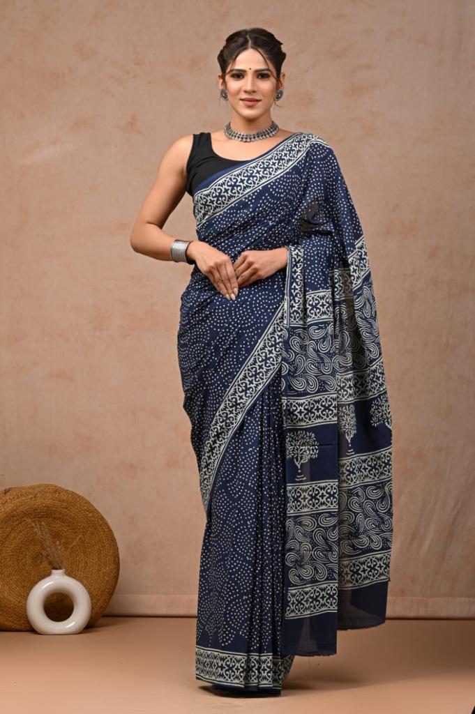 Blue Bliss Mul Cotton Hand Block Printed Ready-to-wear Pocket Saree - Aseem Shakti