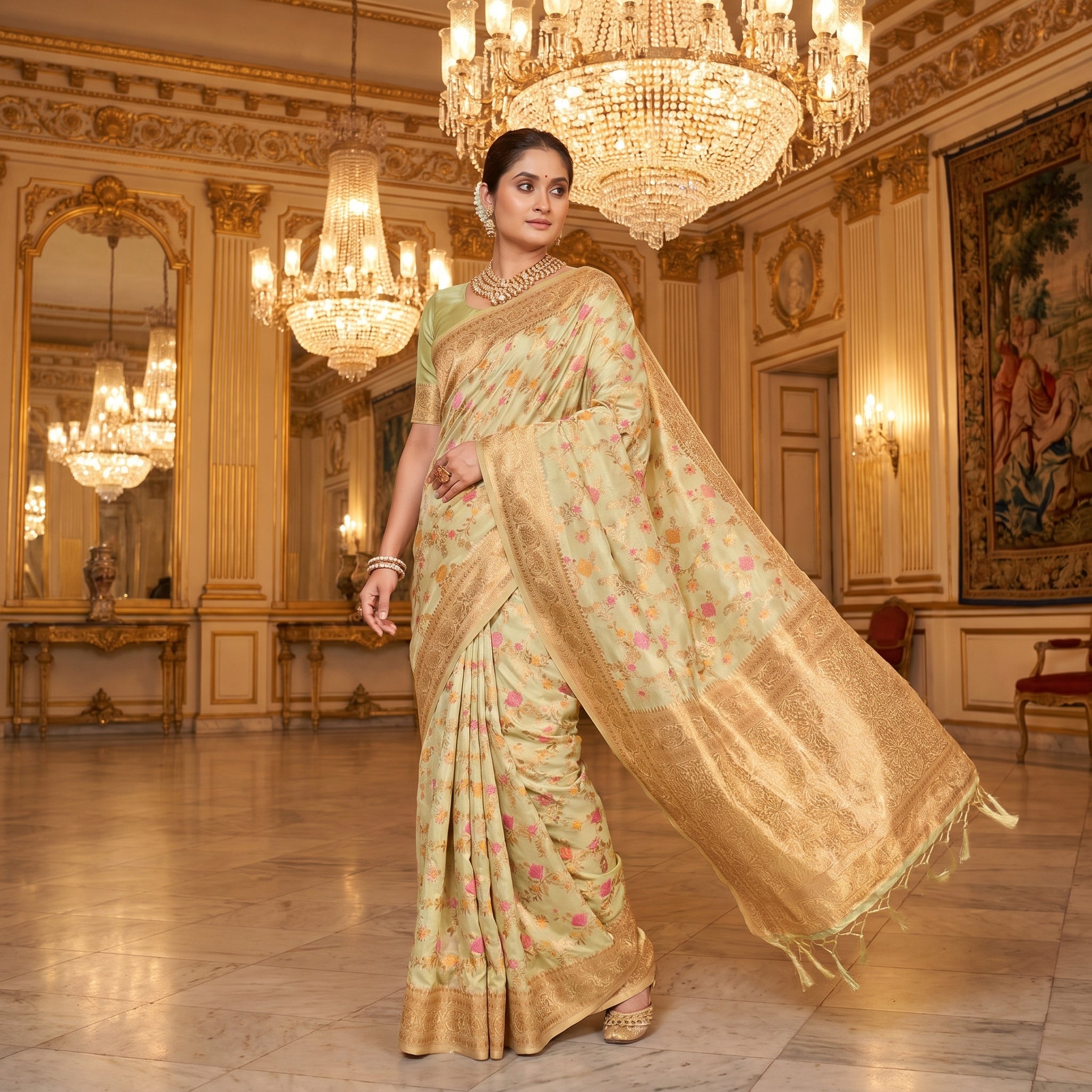 Eternal Flora Banarasi Silk (Pastel Green) Ready To Wear Pocket Saree