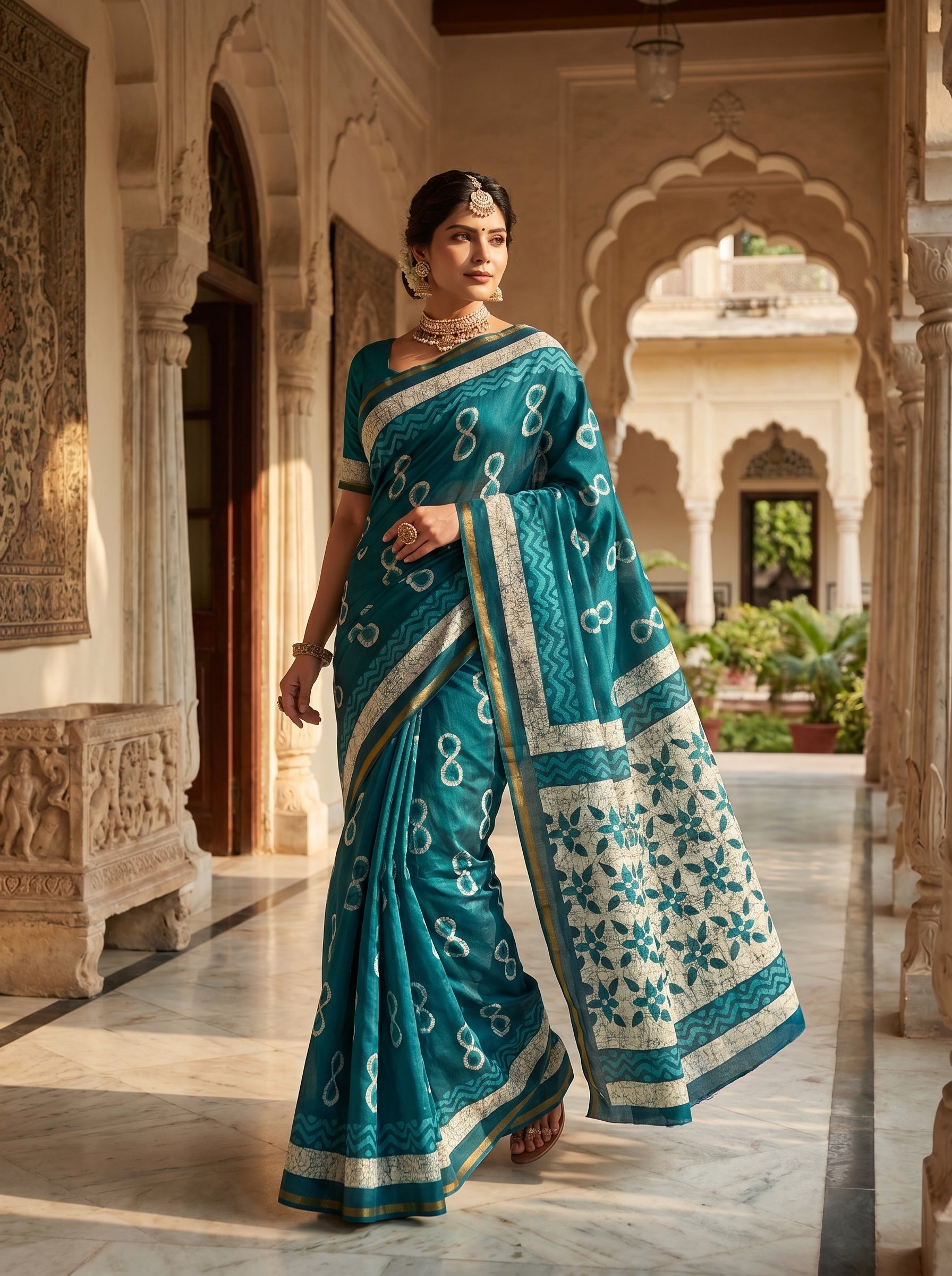 Blue Modal Mul Cotton Ready To Wear Pocket Saree