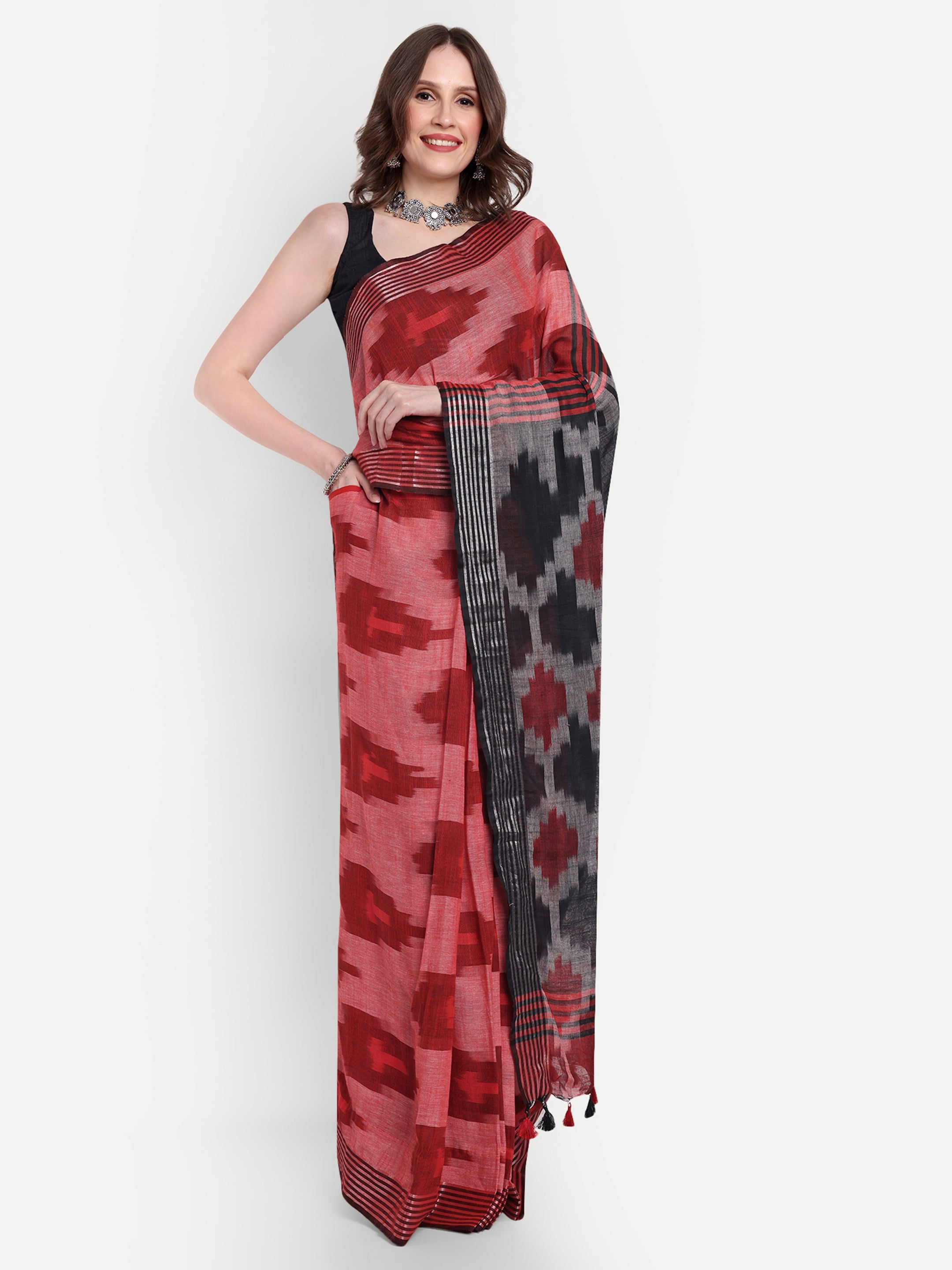 Scarlet Veil Ikat Cotton Ready To Wear Pocket Saree