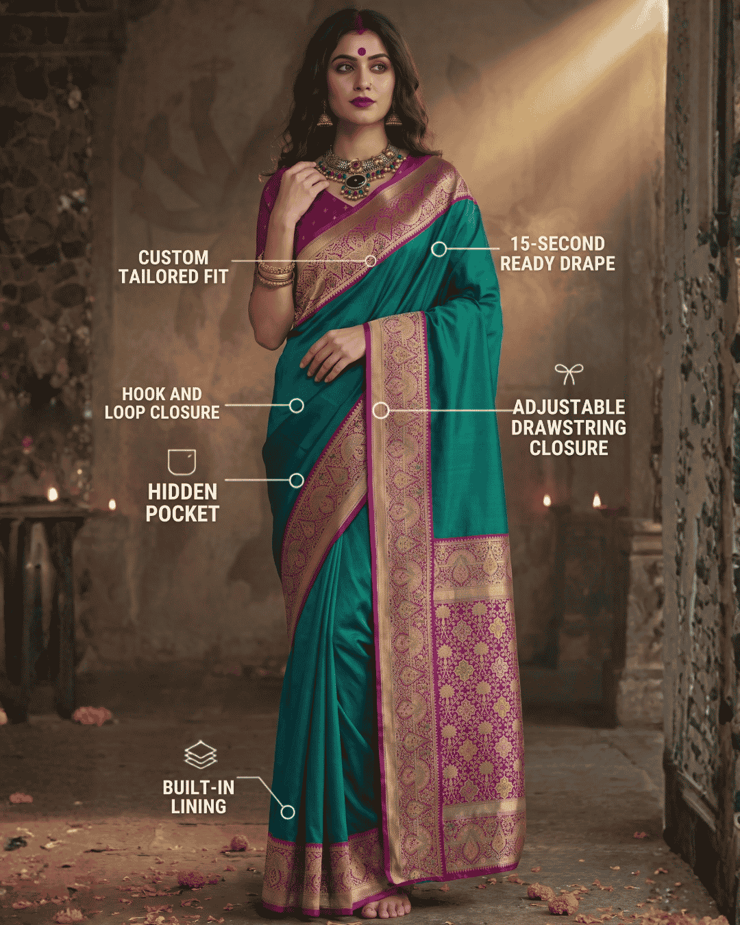 Teal green and magenta pre-draped pocket saree with text callouts highlight features like custom-tailored fit, 15-second ready drape, hook and loop closure, hidden pocket, adjustable drawstring closure, and built-in lining.