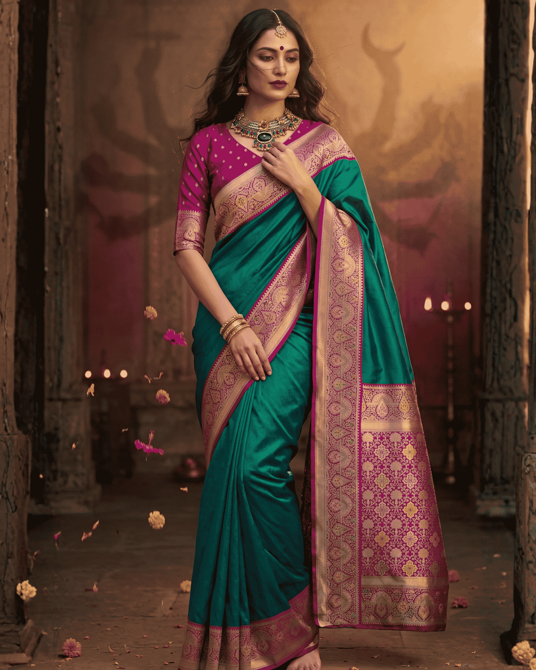 Soft Silk ready-to-wear teal green pocket saree with magenta and golden zari border, ideal for festive occasions