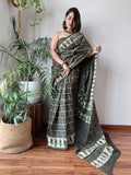 Olive You Mul Cotton Hand Block Printed Saree