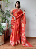 Tangerine Temptation Mul Cotton Hand Block Printed Saree